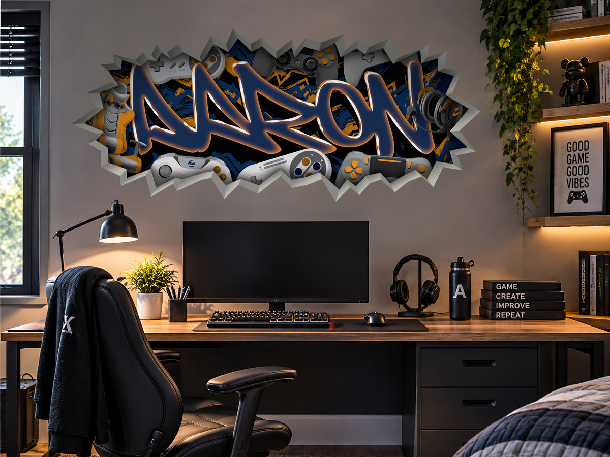 Personalized Gamer Name Graffiti Decal – Custom Video Game Wall Art
