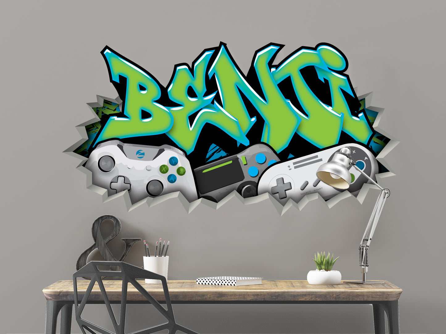 Personalized Graffiti Style Gamer Name Decal with Controllers