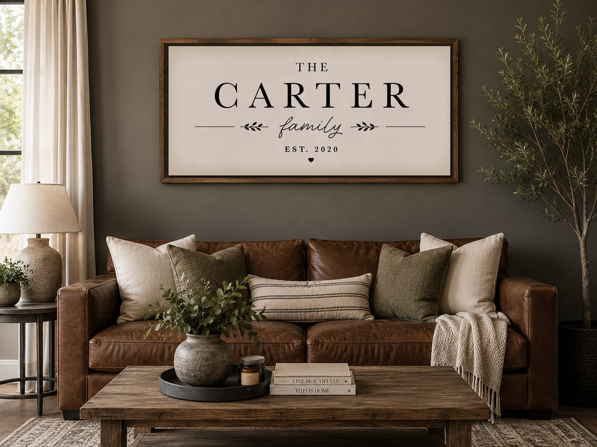 Custom Family Name Sign, Personalized, Neutral Farmhouse Decor, Walnut Frame
