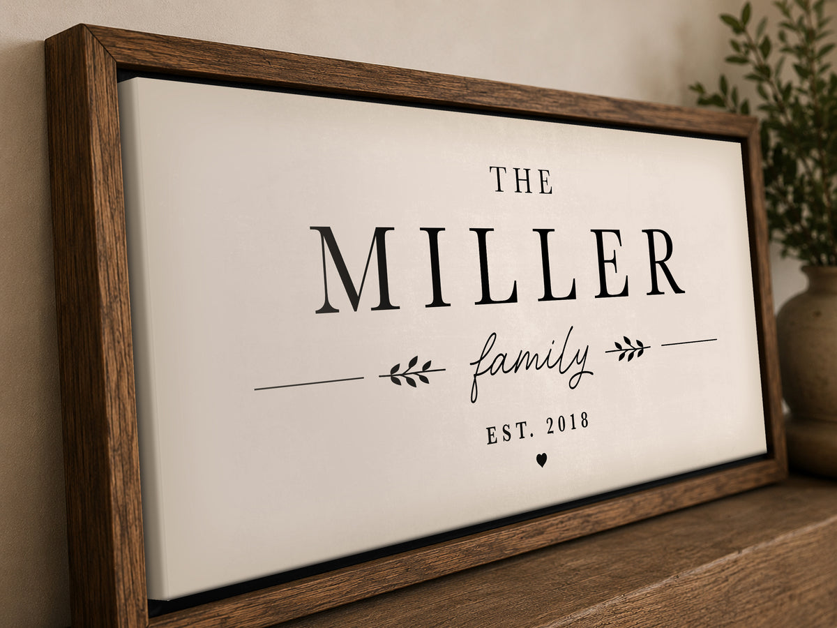 Custom Family Name Sign, Personalized, Neutral Farmhouse Decor, Walnut Frame