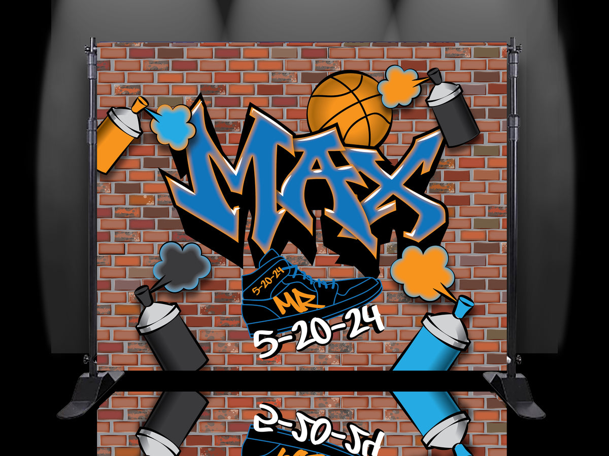 This vibrant graffiti-style image features the name "MAX" in bold blue and orange letters on a brick wall, surrounded by spray paint cans and colorful paint clouds. A basketball sits atop the name, and a sneaker with "5-20-24" and "MR" on it highlights the date prominently at the bottom