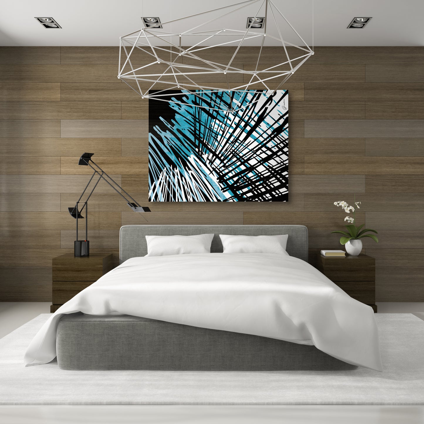 The image showcases a modern interior with a minimalist aesthetic. A bold abstract canvas hangs on a light gray wall, featuring a dynamic mix of black, white, and green intersecting lines and brushstrokes, creating an energetic and contemporary feel. Below the artwork, a sleek white sideboard with wooden legs adds to the clean, modern look. The space is accented with subtle decor, including white vases, a potted plant, and a pendant light, enhancing the room's elegant simplicity.