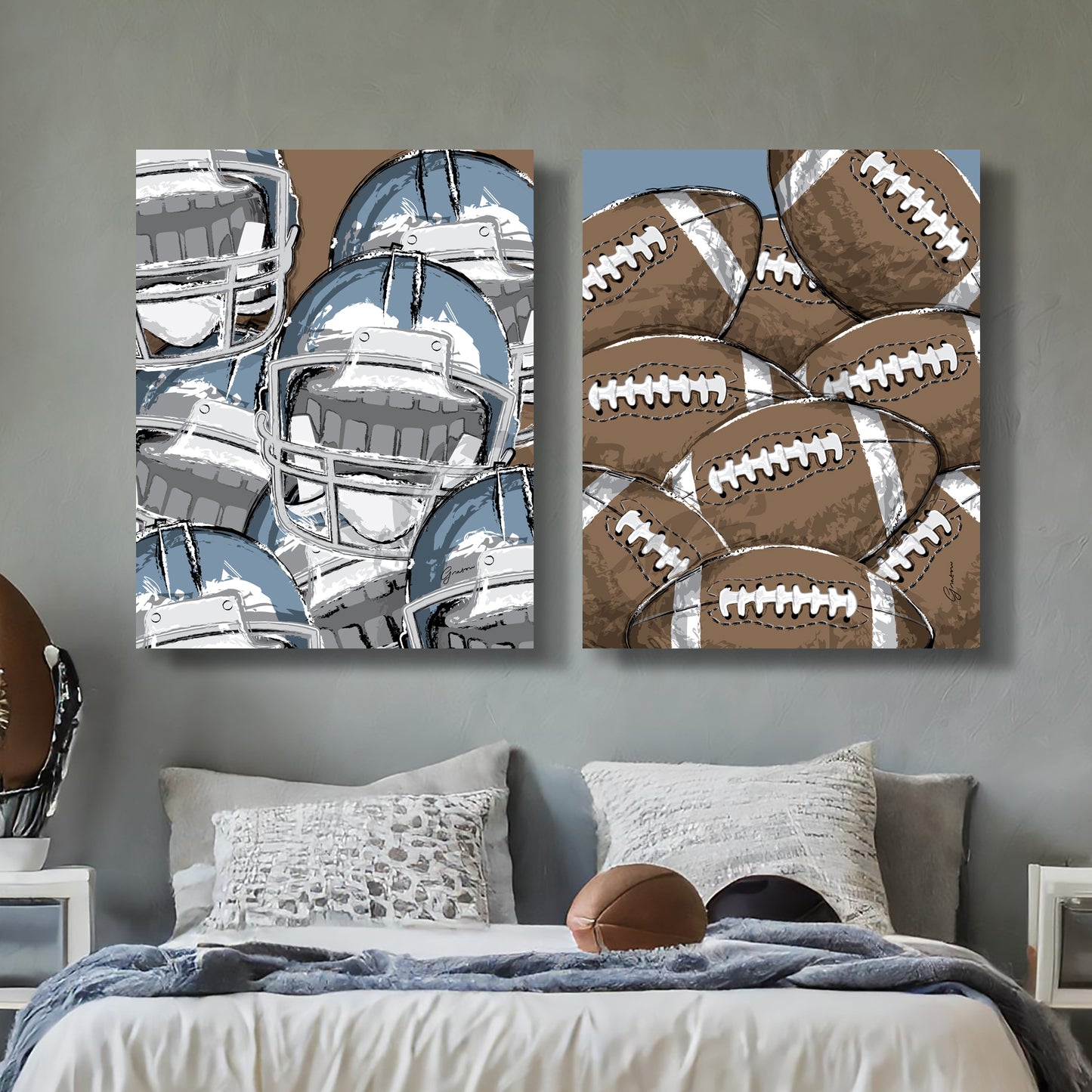 This image showcases a modern bedroom with two bold canvas artworks above the bed—one featuring a dynamic cluster of football helmets in silver and blue tones, and the other filled with overlapping brown footballs. The art creates a strong sports-themed focal point, perfect for a football fan’s space. The neutral room palette allows the energetic football and helmet designs to stand out.