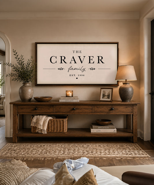 Custom Family Name Sign, Personalized, Neutral Farmhouse Decor, Walnut Frame