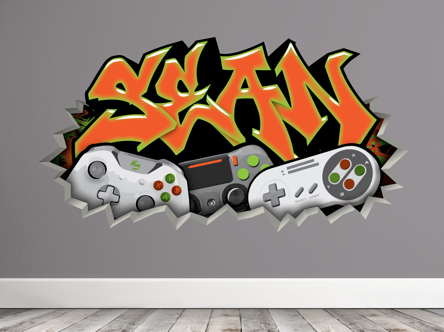Personalized Graffiti Style Gamer Name Decal with Controllers