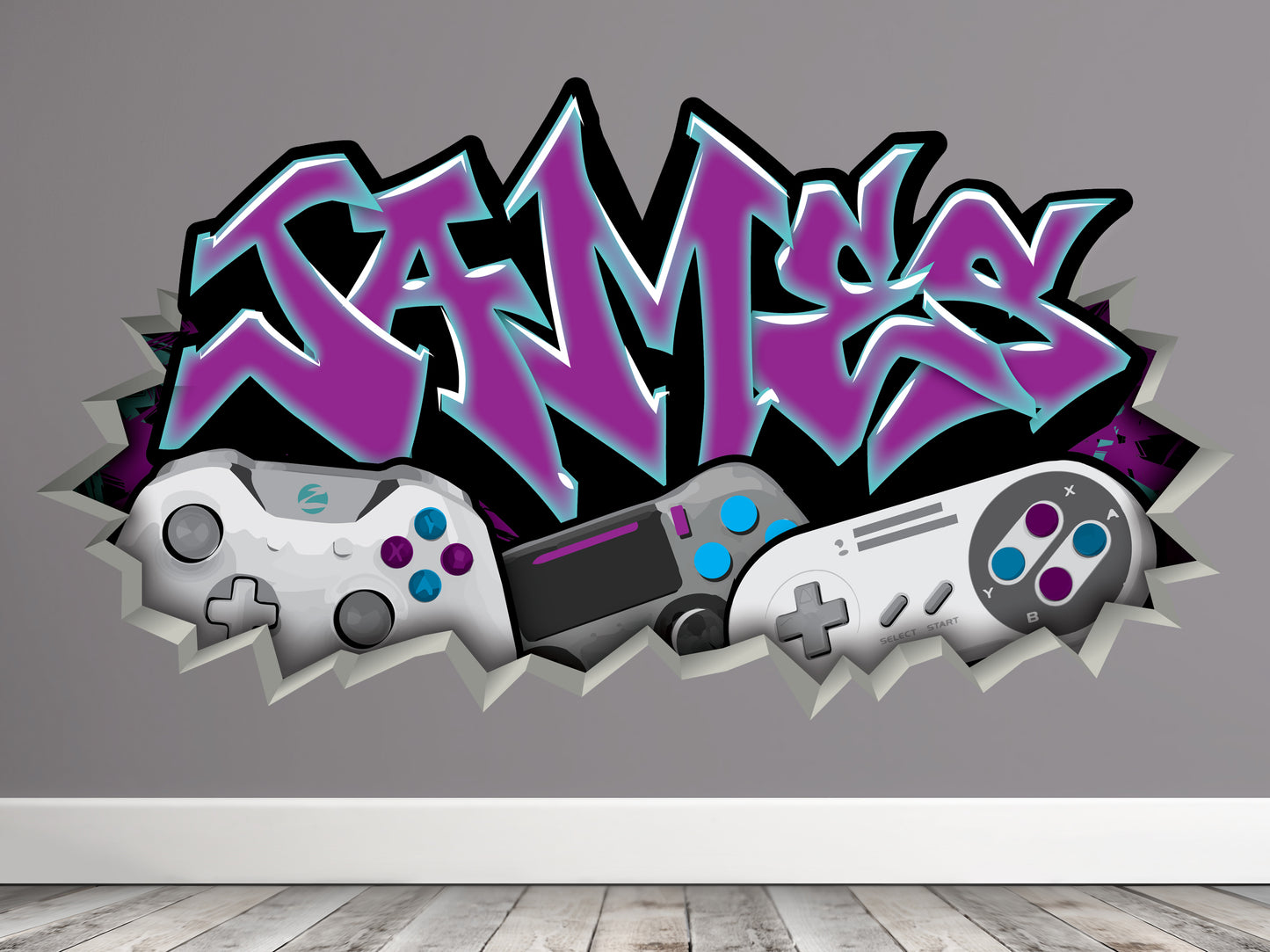 Personalized Graffiti Style Gamer Name Decal with Controllers
