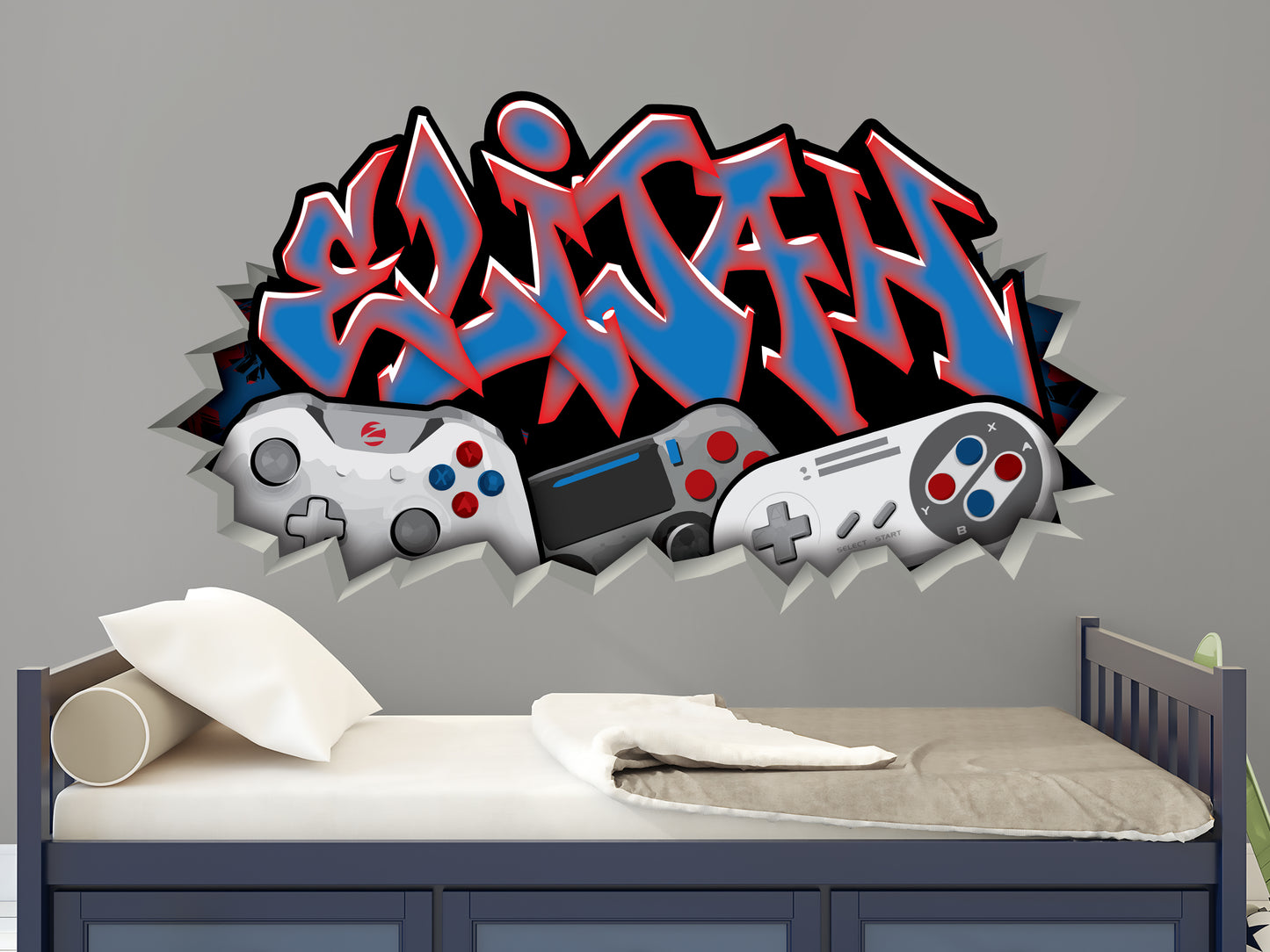 Personalized Graffiti Style Gamer Name Decal with Controllers