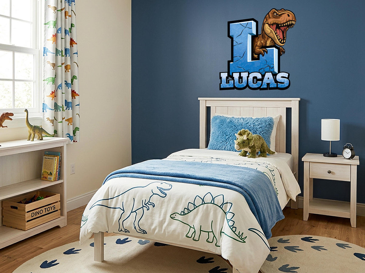 Personalized Dinosaur Initial Wall Decal, T-Rex Name Wall Sticker, Custom Kids Room Decor, Dinosaur Bedroom Name Sign, Boys Nursery Wall Art