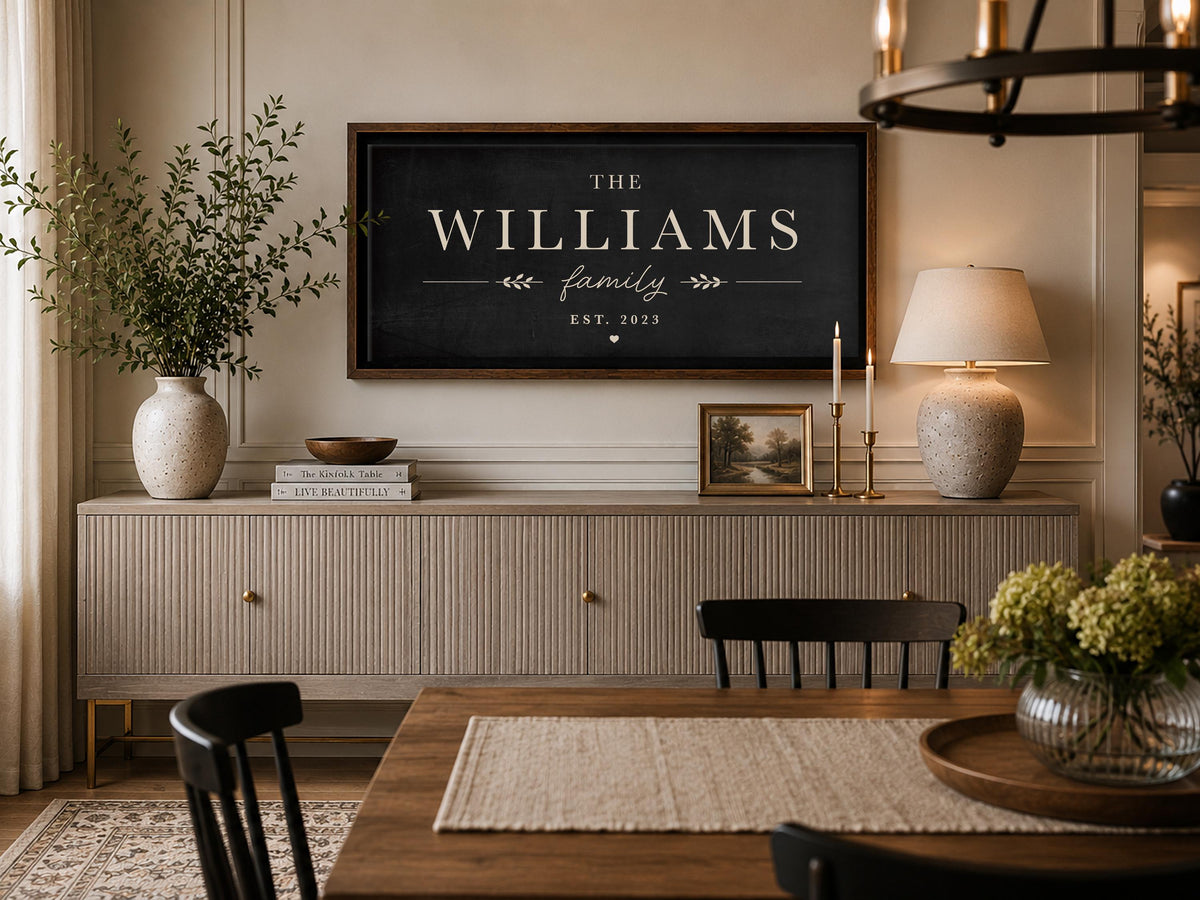 Personalized Family Name Sign | Dark Neutral Family Wall Art | Framed Last Name Canvas | Fireplace Decor | Rustic Modern Home Decor