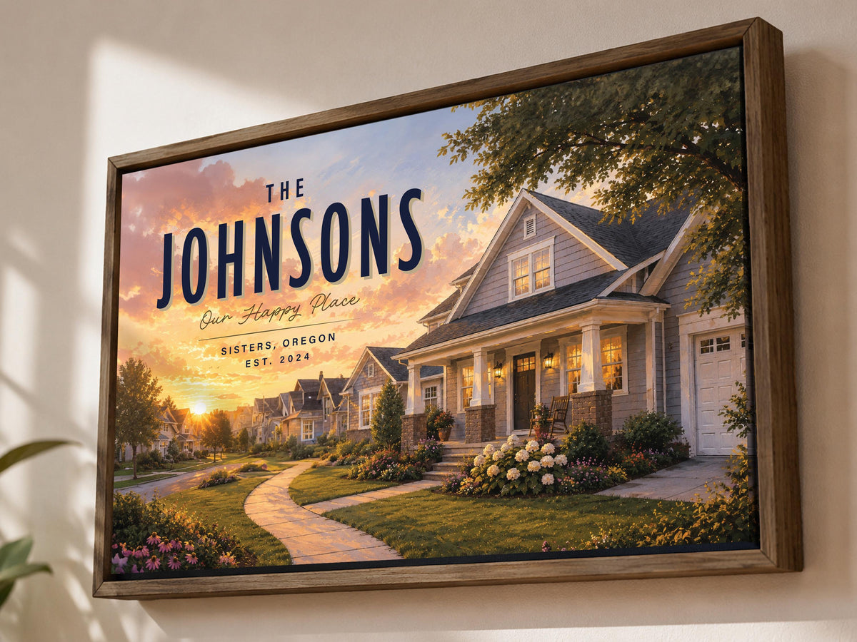 Custom House Portrait Canvas, Personalized Home Art, Family Name Sign, Housewarming Gift, Custom Home Illustration, Framed Wall Art