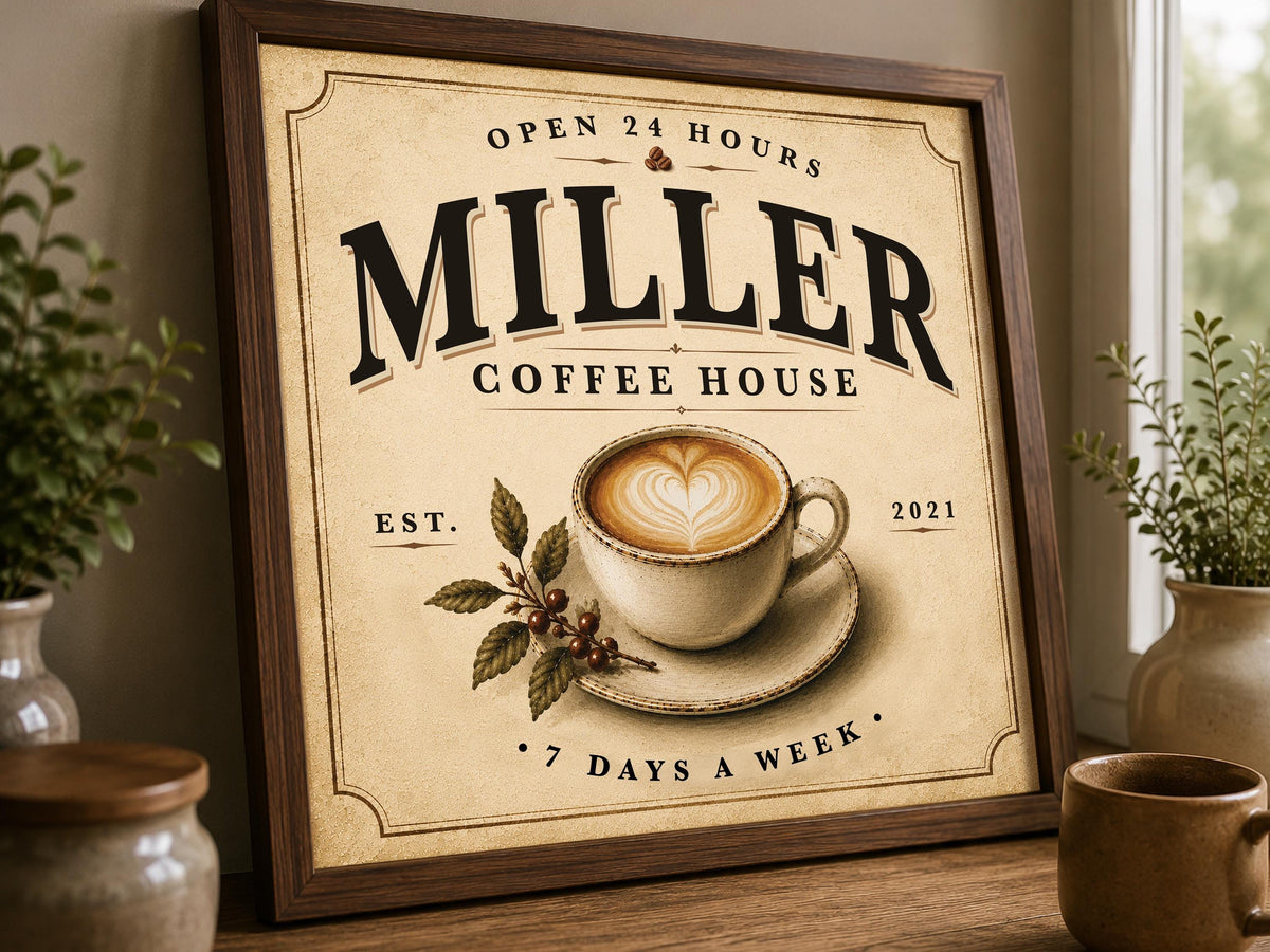 Personalized Coffee House Sign, Custom Family Name Coffee Bar Decor, Vintage Kitchen Wall Art, Framed Coffee Print, Housewarming Gift