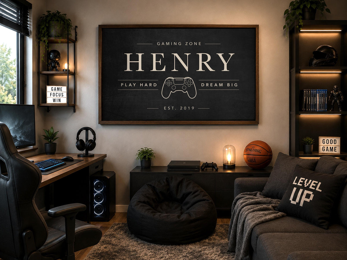 Personalized Gaming Room Sign | Custom Gamer Name Wall Art | Gaming Zone Decor for Boys Bedroom | Modern Framed Game Room Print | Teen Gift
