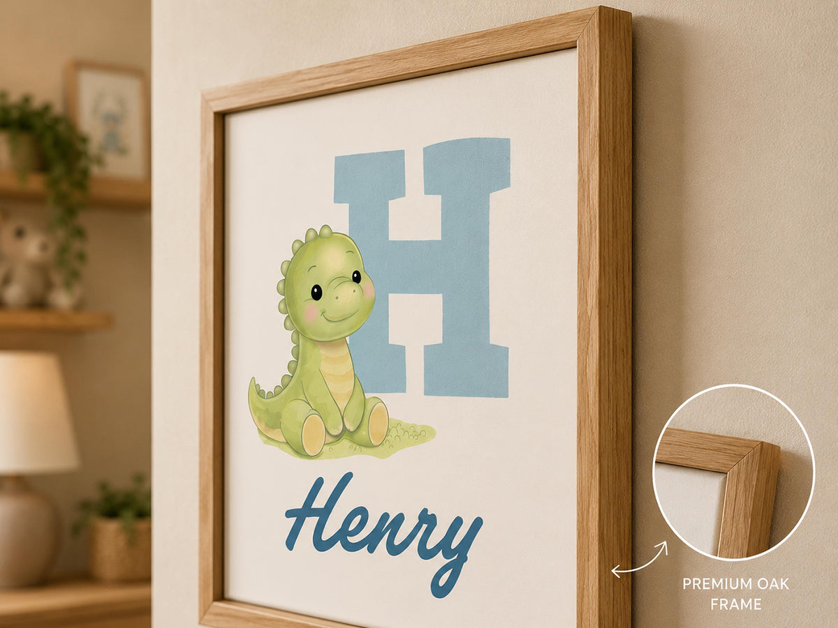 Personalized Dinosaur Nursery Wall Art, Custom Baby Name Print, Baby Boy or Girl Room Decor, Dinosaur Initial Print, Framed Nursery Art