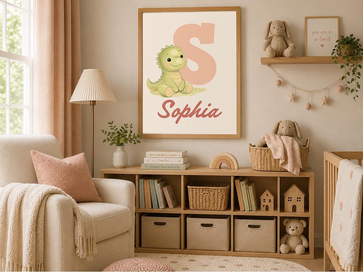 Personalized Dinosaur Nursery Wall Art, Custom Baby Name Print, Baby Boy or Girl Room Decor, Dinosaur Initial Print, Framed Nursery Art