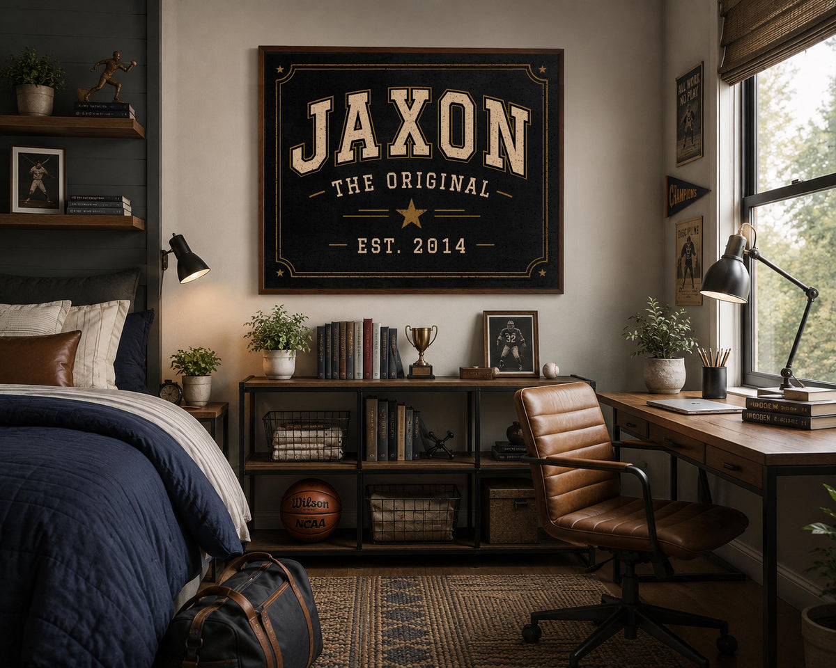 Personalized Collegiate Name Sign, Vintage Varsity Wall Art, Custom Boys Room Decor, Sports Inspired Framed Name Print