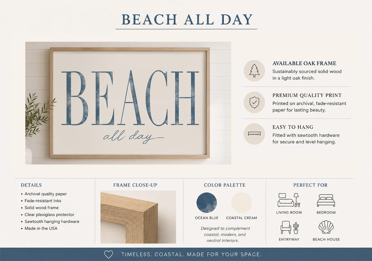 Beach Wall Art, Coastal Framed Print, Beach House Decor, Blue Coastal Art, Beach All Day Print, Nautical Wall Decor