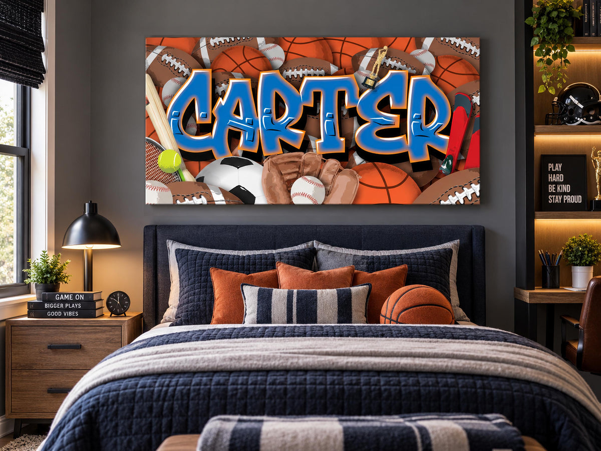 Sports Graffiti Name Custom Canvas Room Decor Wall Art Football Baseball Basketball Soccer Skiing Tennis Athletic Player Boys Design Bedroom