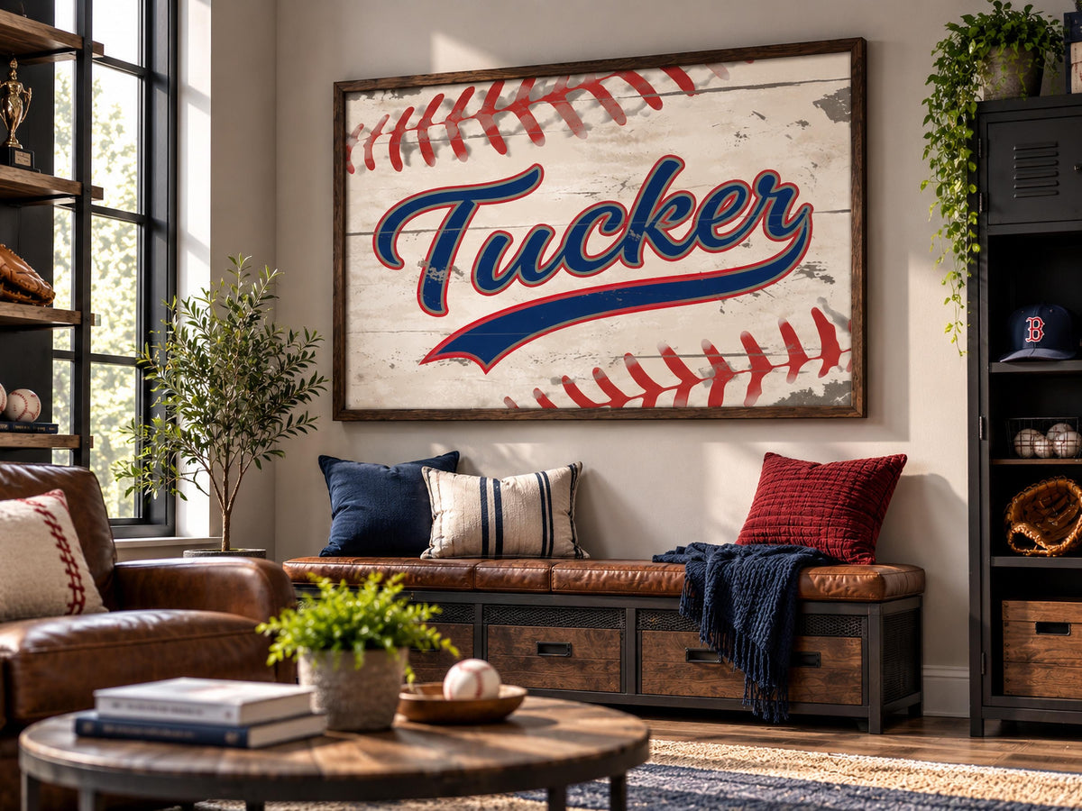 Personalized Baseball Wall Art, Custom Name Baseball Print, Boys Sports Room Decor, Vintage Baseball Framed Print