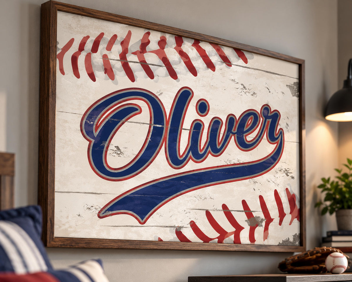 Personalized Baseball Wall Art, Custom Name Baseball Print, Boys Sports Room Decor, Vintage Baseball Framed Print