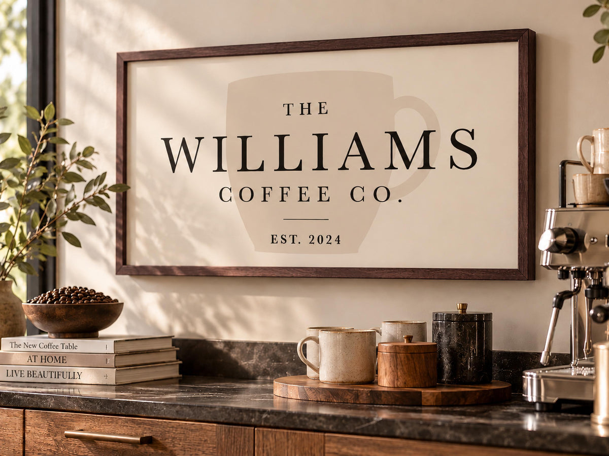 Personalized Coffee Bar Sign, Custom Family Name Wall Art, Coffee Station Decor, Kitchen Wall Art, Housewarming Gift