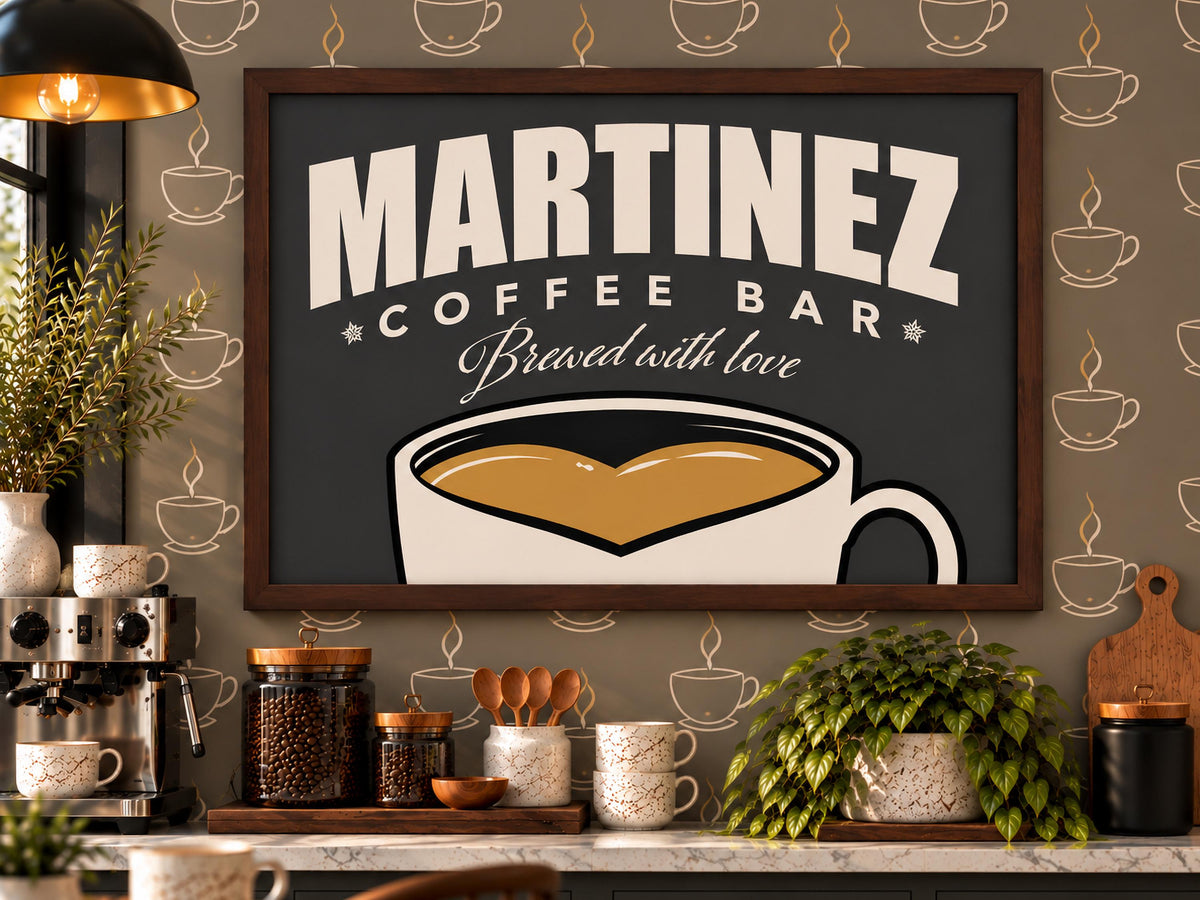 Personalized Coffee Bar Sign, Custom Family Name Framed Wall Art, Vintage Coffee Cup Print, Kitchen Coffee Station Decor, Coffee Lover Gift