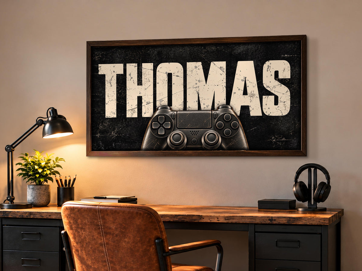 Personalized Gamer Wall Art, Custom Name Gaming Controller Framed Print, Boys Teen Bedroom Decor, Video Game Room Art