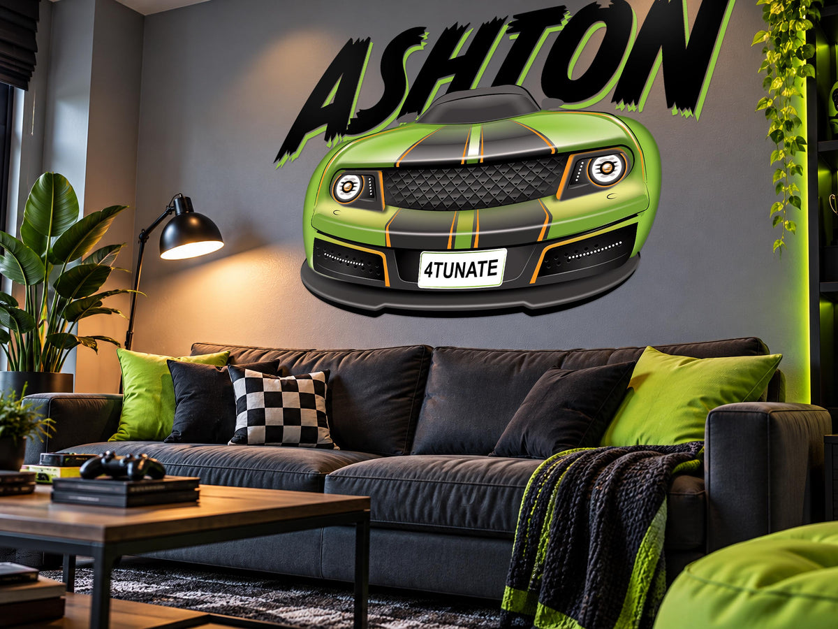 Personalized Race Car Wall Decal, Boys Name Wall Sticker, Graffiti Car Bedroom Decor, Custom Sports Car Wall Art