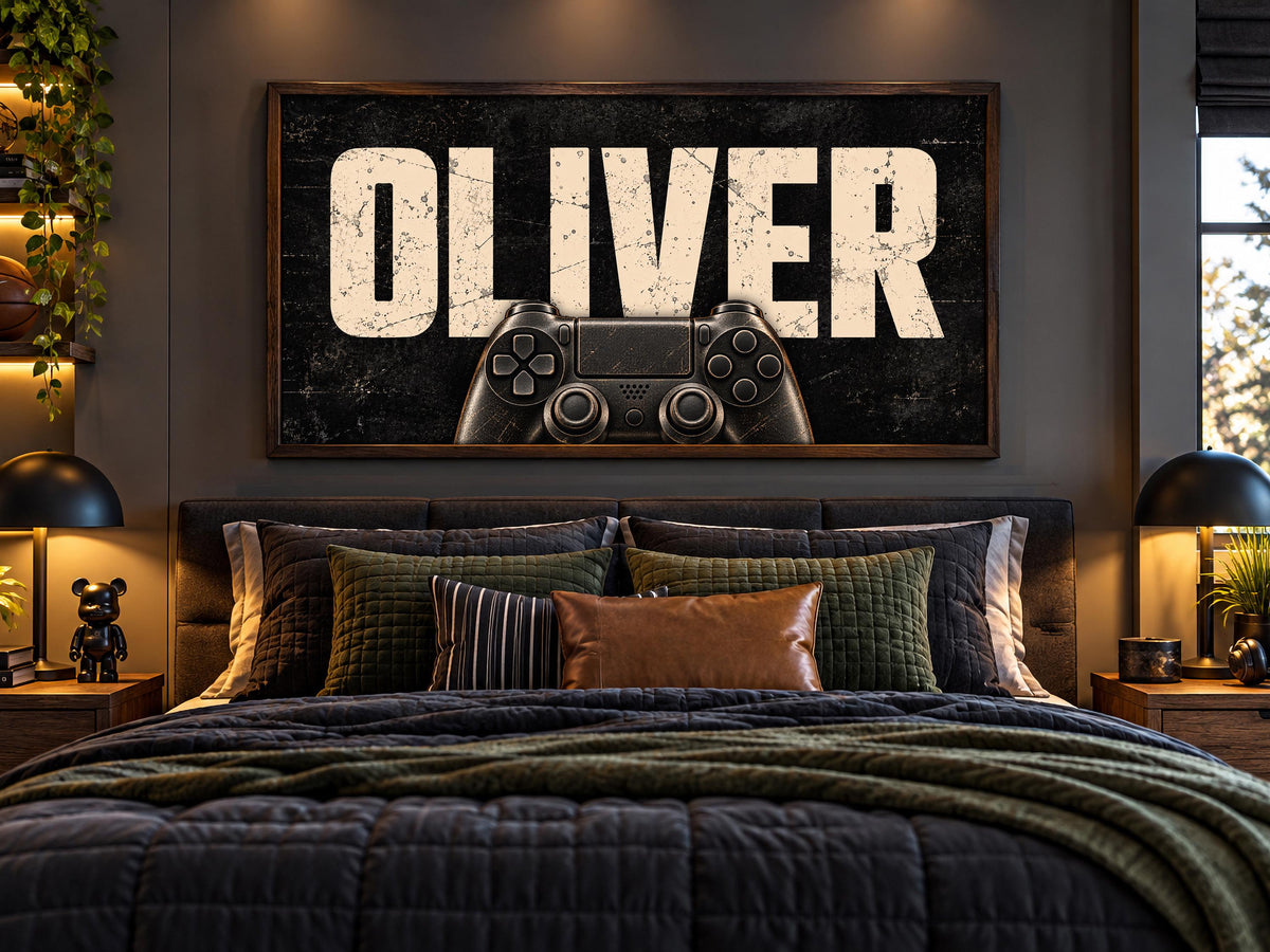 Personalized Gamer Wall Art, Custom Name Gaming Controller Framed Print, Boys Teen Bedroom Decor, Video Game Room Art