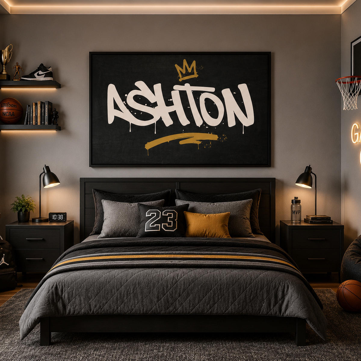 Framed Personalized Graffiti Name Art, Custom Boys Room Wall Decor, Crown Name Print, Teen Bedroom Art, Street Art Gift