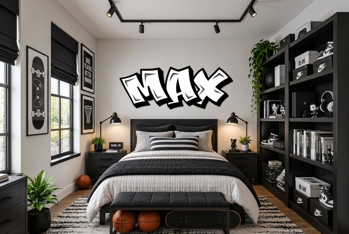 A black and white graffiti-style wall decal spelling 'MAX' is displayed above a bed in a modern, styled bedroom.