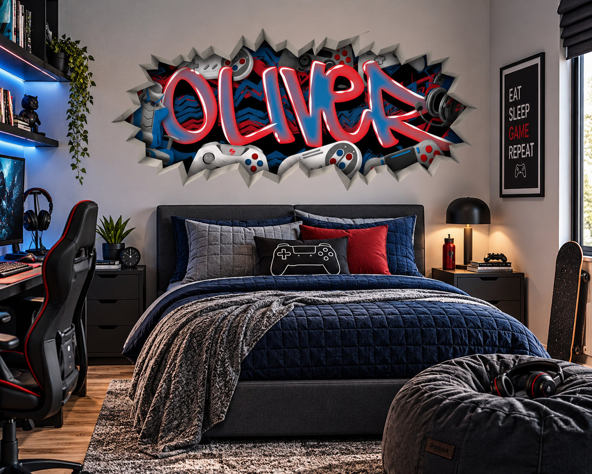 Personalized Gamer Name Graffiti Decal – Custom Video Game Wall Art