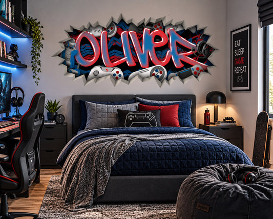 Personalized Gamer Name Graffiti Decal – Custom Video Game Wall Art