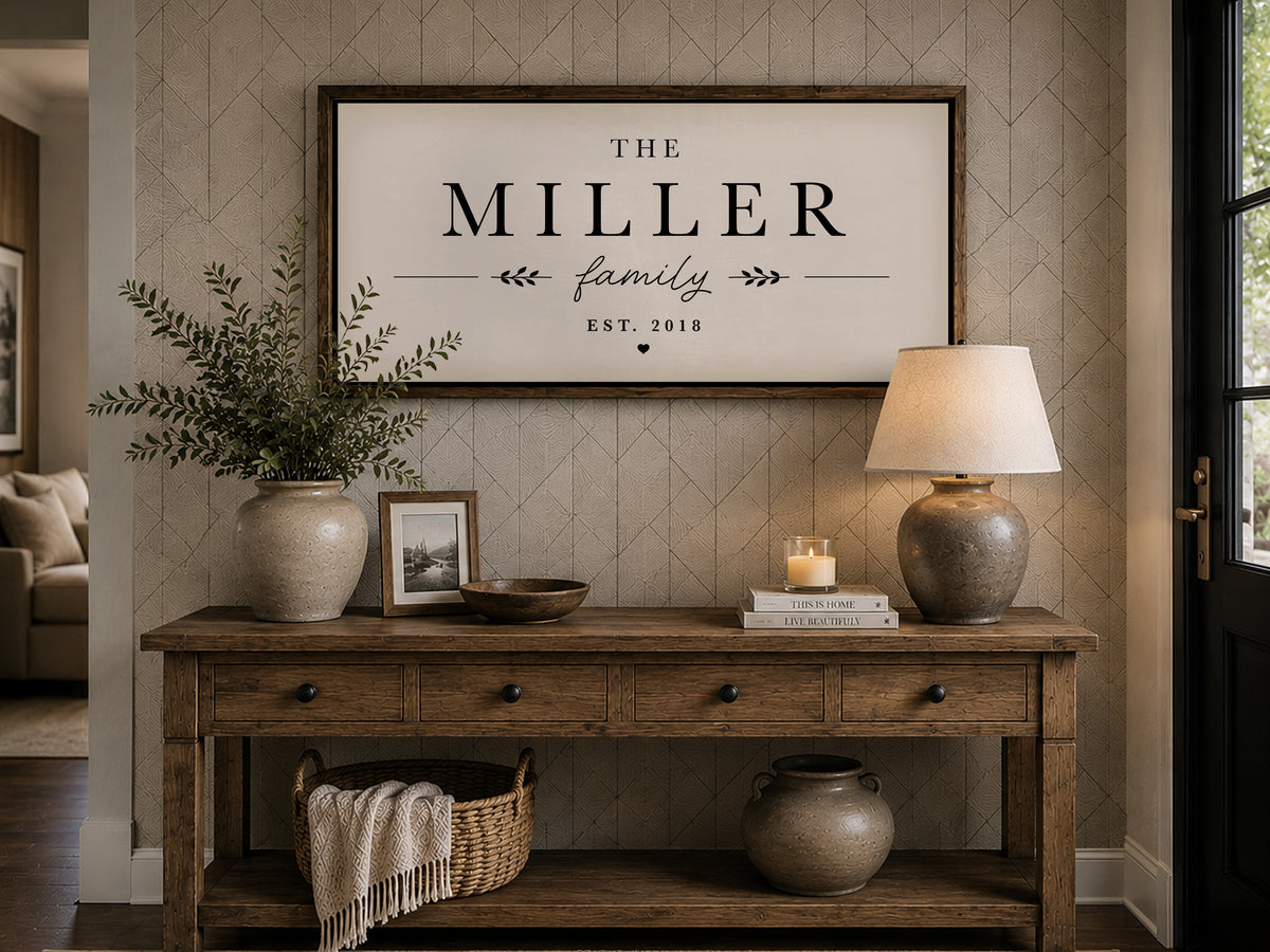 Custom Family Name Sign, Personalized, Neutral Farmhouse Decor, Walnut Frame