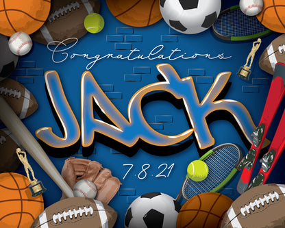 This vibrant Bar Mitzvah banner features the name "Jack" in bold, graffiti-style lettering against a blue brick background. Surrounding the name are a variety of sports equipment including basketballs, footballs, soccer balls, baseball gear, tennis rackets, skis, and gold trophies. The word “Congratulations” appears above in elegant script, with the date “7.8.21” below. The design celebrates a sporty theme perfect for an athletic and energetic Bar Mitzvah celebration.