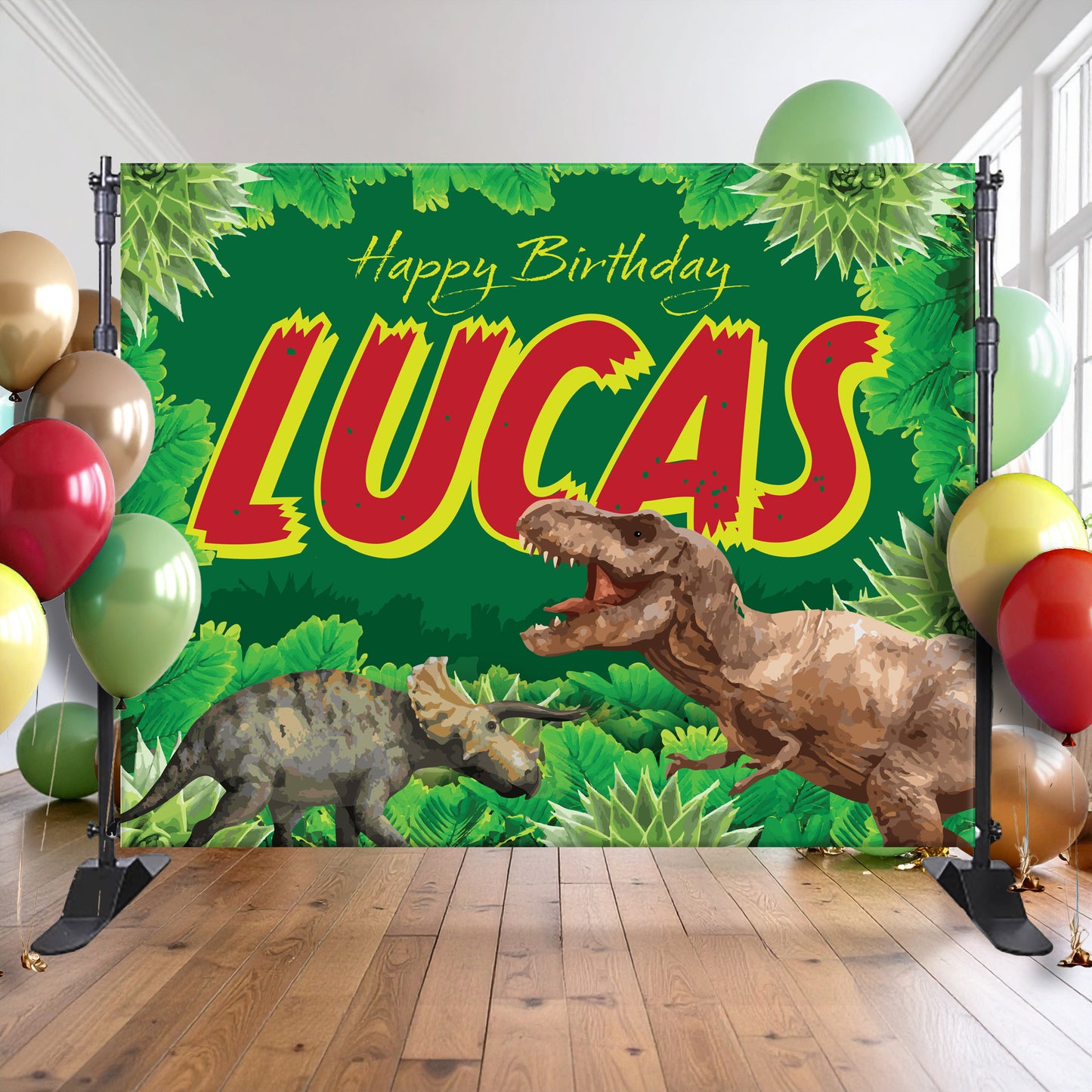 This image features a custom dinosaur-themed birthday banner set up in a party room. The banner showcases friendly, colorful dinosaurs on a light green background with bright accents and playful elements, ideal for young children. It’s displayed against a neutral wall with a light floor, creating a clean and festive space perfect for photos or party activities. The design is cheerful and eye-catching, making it a fun centerpiece for any dinosaur-themed celebration.