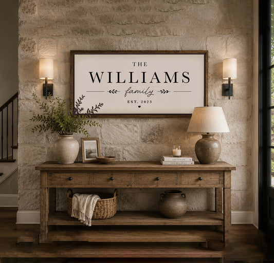 Custom Family Name Sign, Personalized, Neutral Farmhouse Decor, Walnut Frame