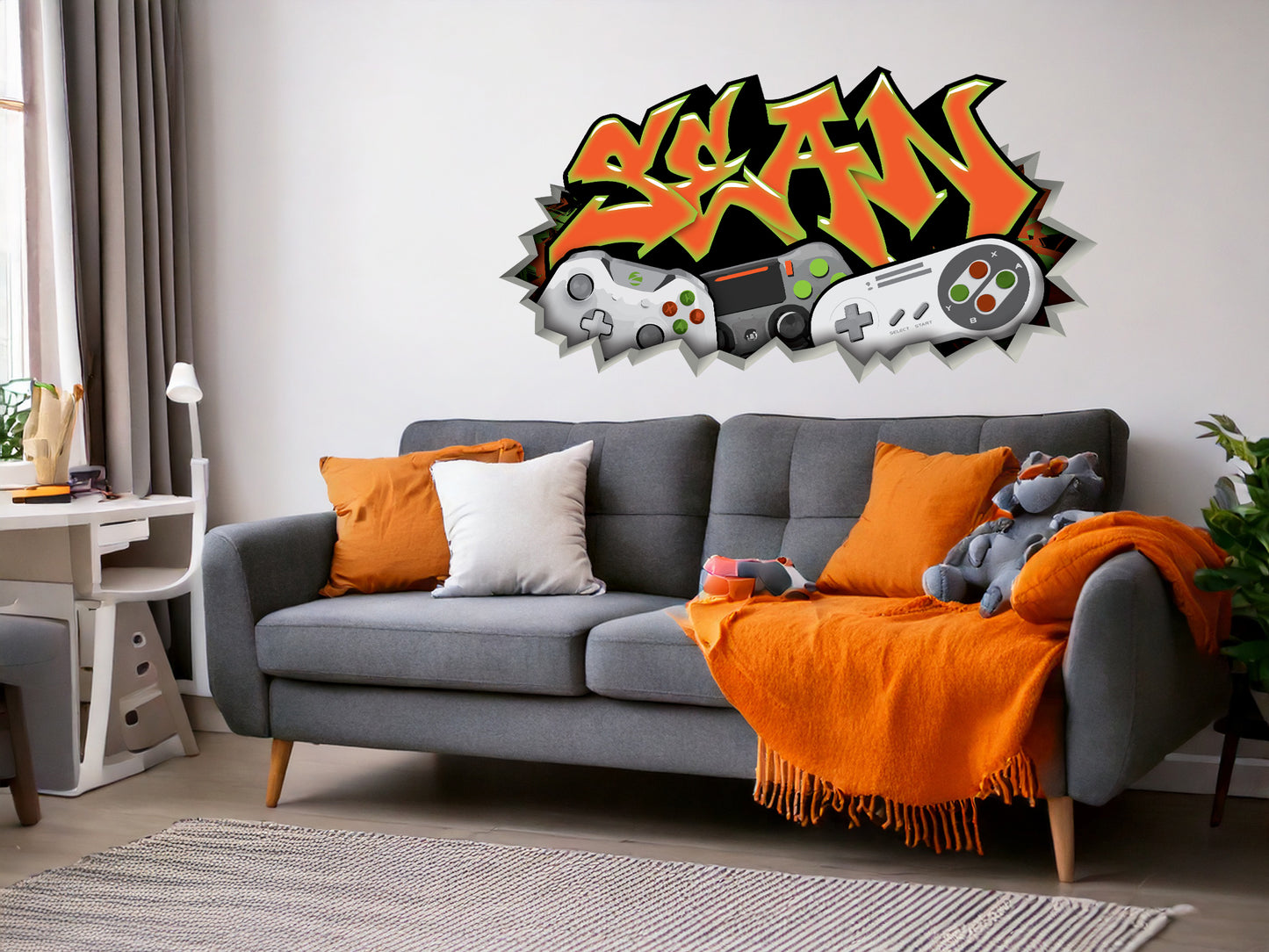 Personalized Graffiti Style Gamer Name Decal with Controllers