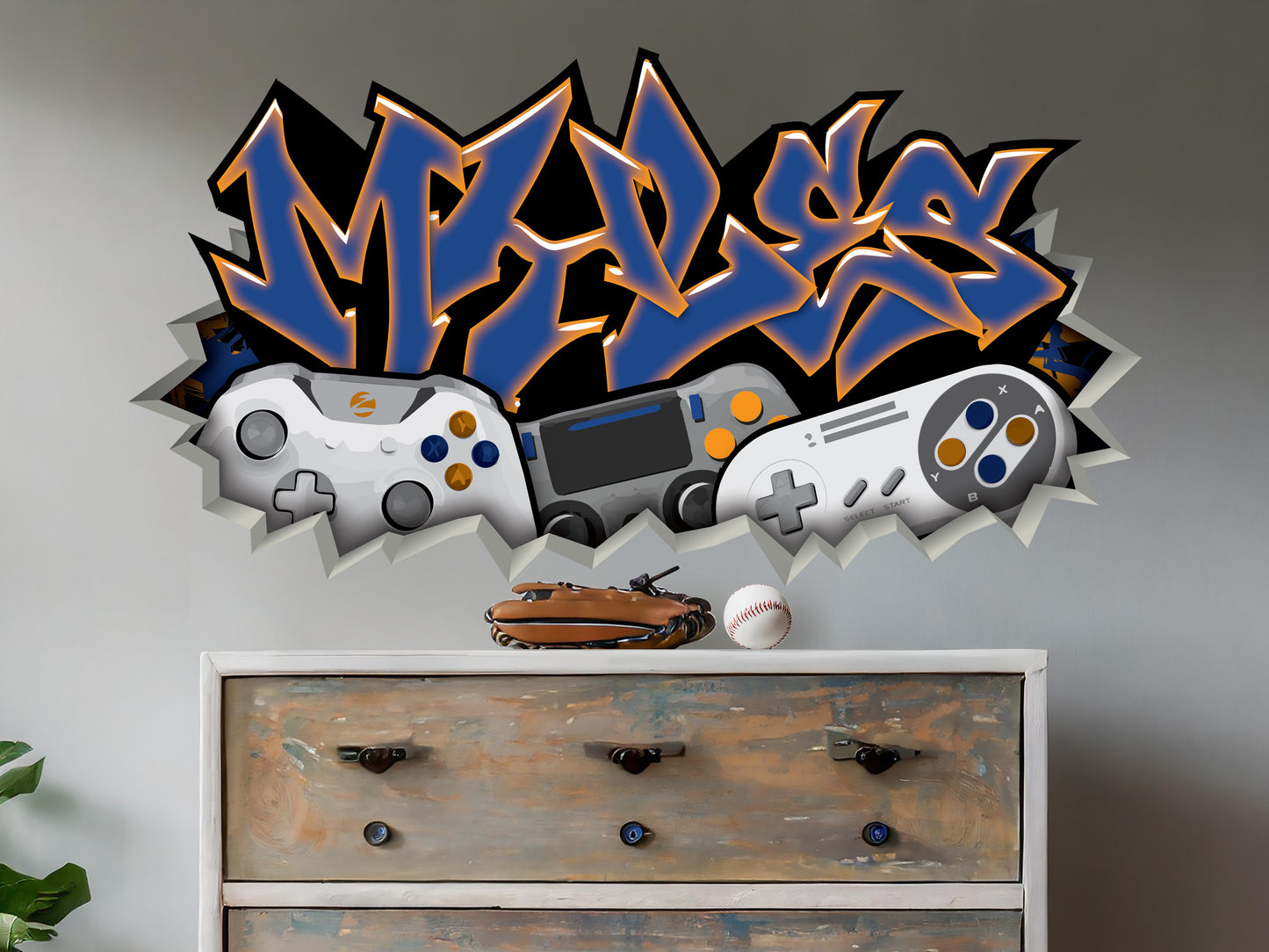 Personalized Graffiti Style Gamer Name Decal with Controllers