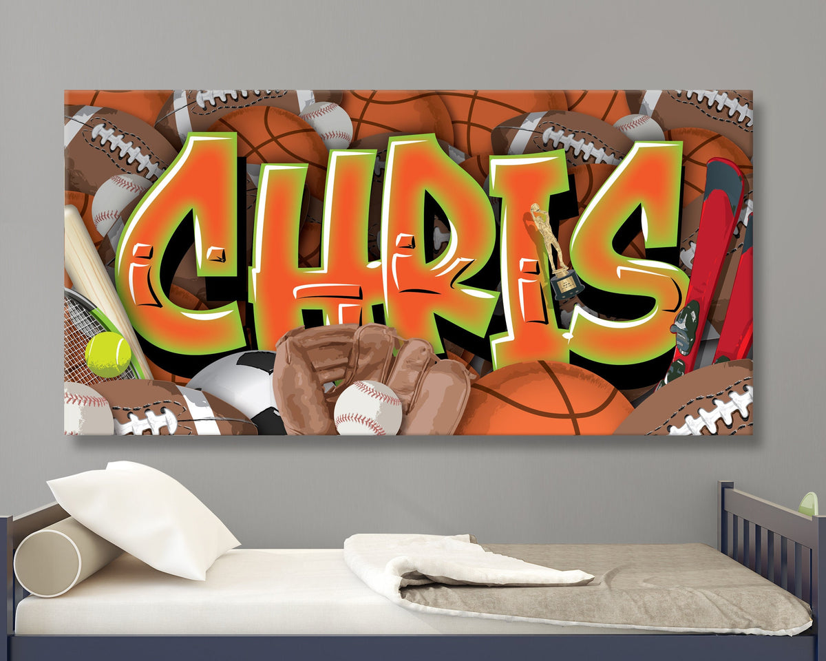 Sports Graffiti Name Custom Canvas Room Decor Wall Art Football Baseball Basketball Soccer Skiing Tennis Athletic Player Boys Design Bedroom
