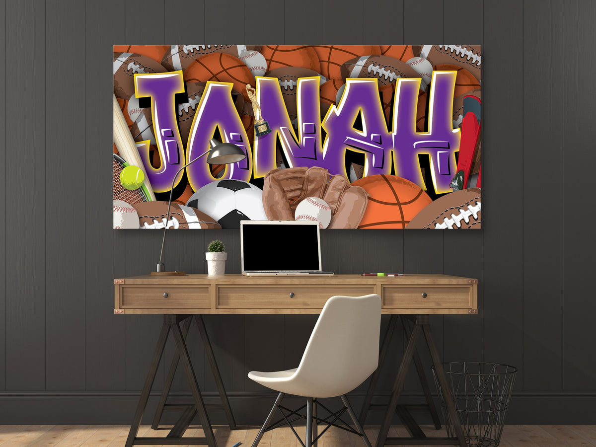 Sports Graffiti Name Custom Canvas Room Decor Wall Art Football Baseball Basketball Soccer Skiing Tennis Athletic Player Boys Design Bedroom