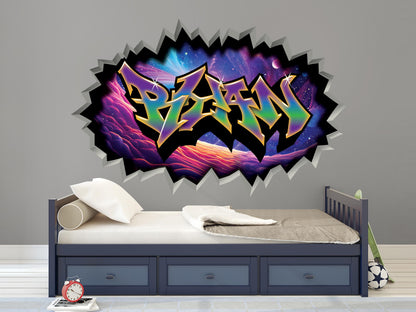 This outer space-themed decal features a personalized boy’s or girl’s name integrated into a realistic "hole in the wall" effect, revealing a breathtaking galaxy beyond. The design includes vibrant nebulae, stars, and planets, creating a 3D illusion of peering into deep space. The graffiti-style or futuristic font blends seamlessly with the cosmic backdrop, making it a bold and imaginative centerpiece for any space lover’s bedroom or playroom.