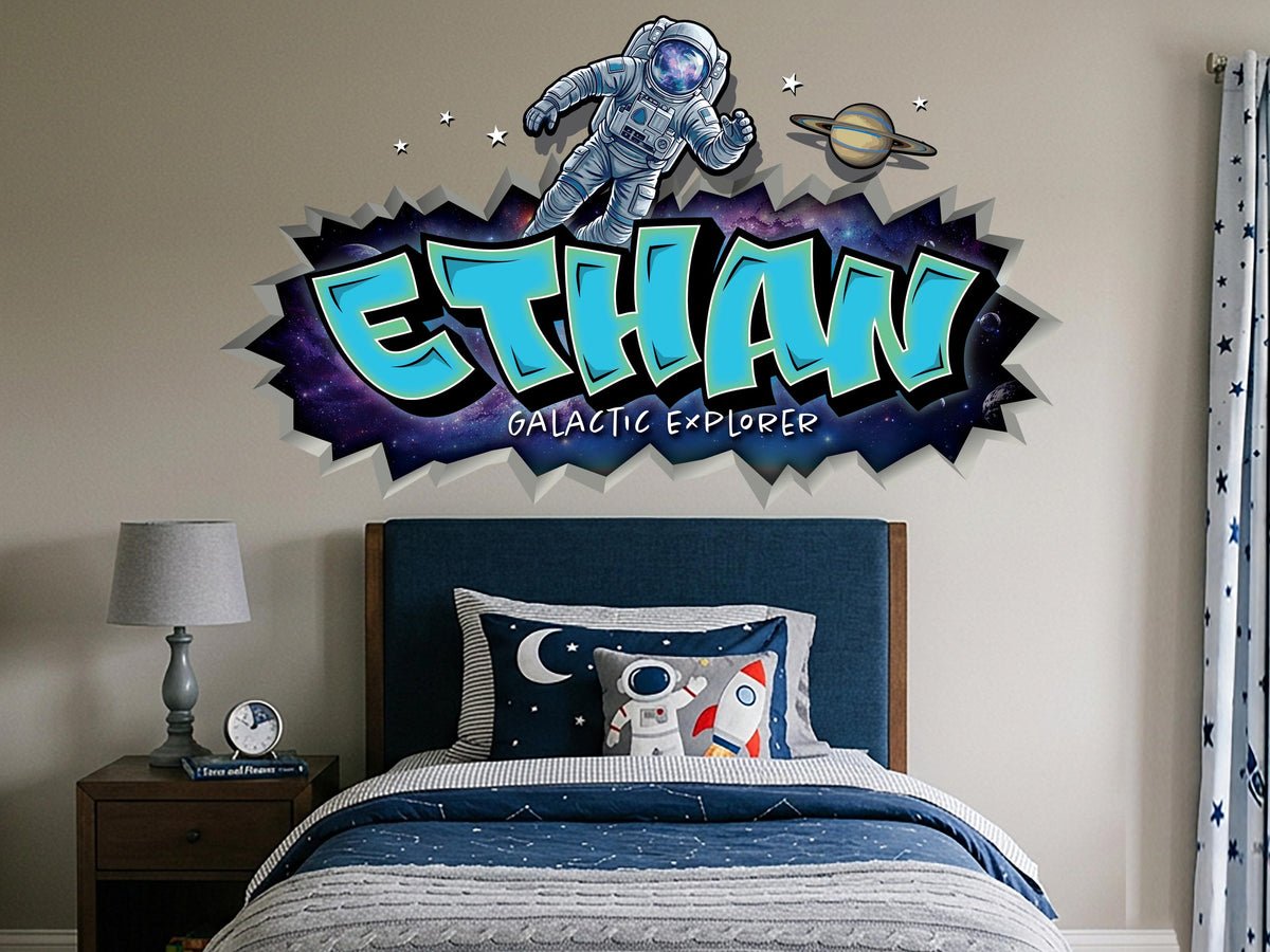 Personalized Space Name Wall Decal – Astronaut Kids Bedroom Decor, Custom Outer Space Name Sign, Galaxy Wall Sticker for Boys Room