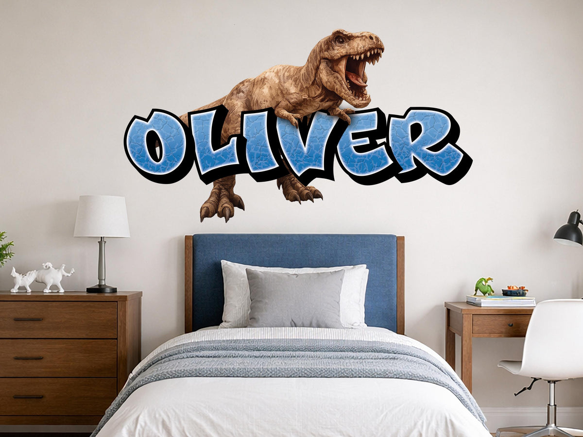Personalized Dinosaur Name Wall Decal, Custom T-Rex Kids Name Sign, Dinosaur Wall Decor for Boys Room, Jurassic Dino Name Sticker