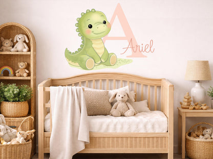 Personalized Dinosaur Name Wall Decal, Baby Boy Nursery Wall Decor, Custom Dino Initial Sticker, Toddler Room Decor, Painted Look Wall Art