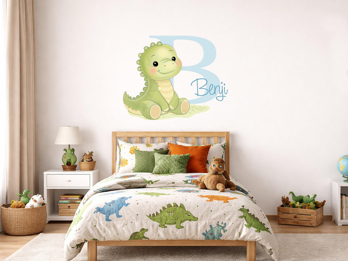 Personalized Dinosaur Name Wall Decal, Baby Boy Nursery Wall Decor, Custom Dino Initial Sticker, Toddler Room Decor, Painted Look Wall Art