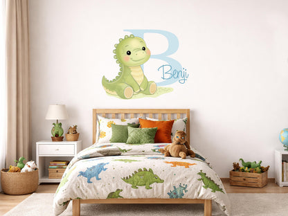 Personalized Dinosaur Name Wall Decal, Baby Boy Nursery Wall Decor, Custom Dino Initial Sticker, Toddler Room Decor, Painted Look Wall Art