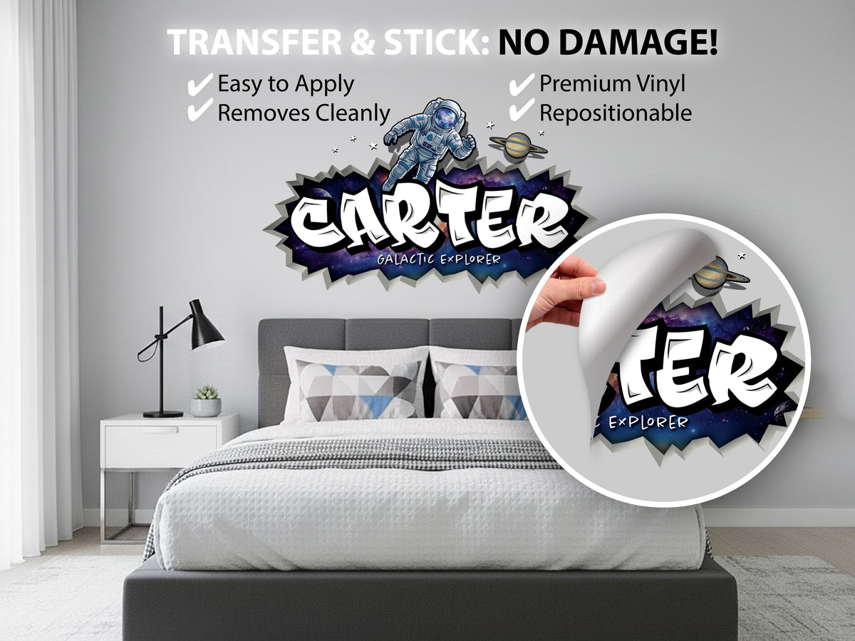Personalized Space Name Wall Decal – Astronaut Kids Bedroom Decor, Custom Outer Space Name Sign, Galaxy Wall Sticker for Boys Room