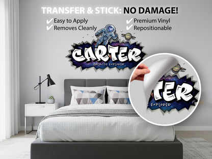 Personalized Space Name Wall Decal – Astronaut Kids Bedroom Decor, Custom Outer Space Name Sign, Galaxy Wall Sticker for Boys Room