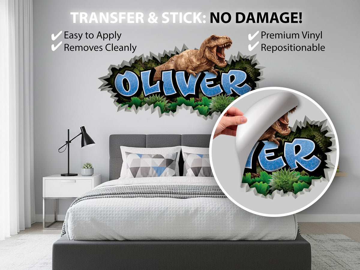Personalized Dinosaur Name Wall Decal, Custom T-Rex Kids Room Decor, Dinosaur Name Sign, Jurassic Dino Wall Sticker for Boys Bedroom