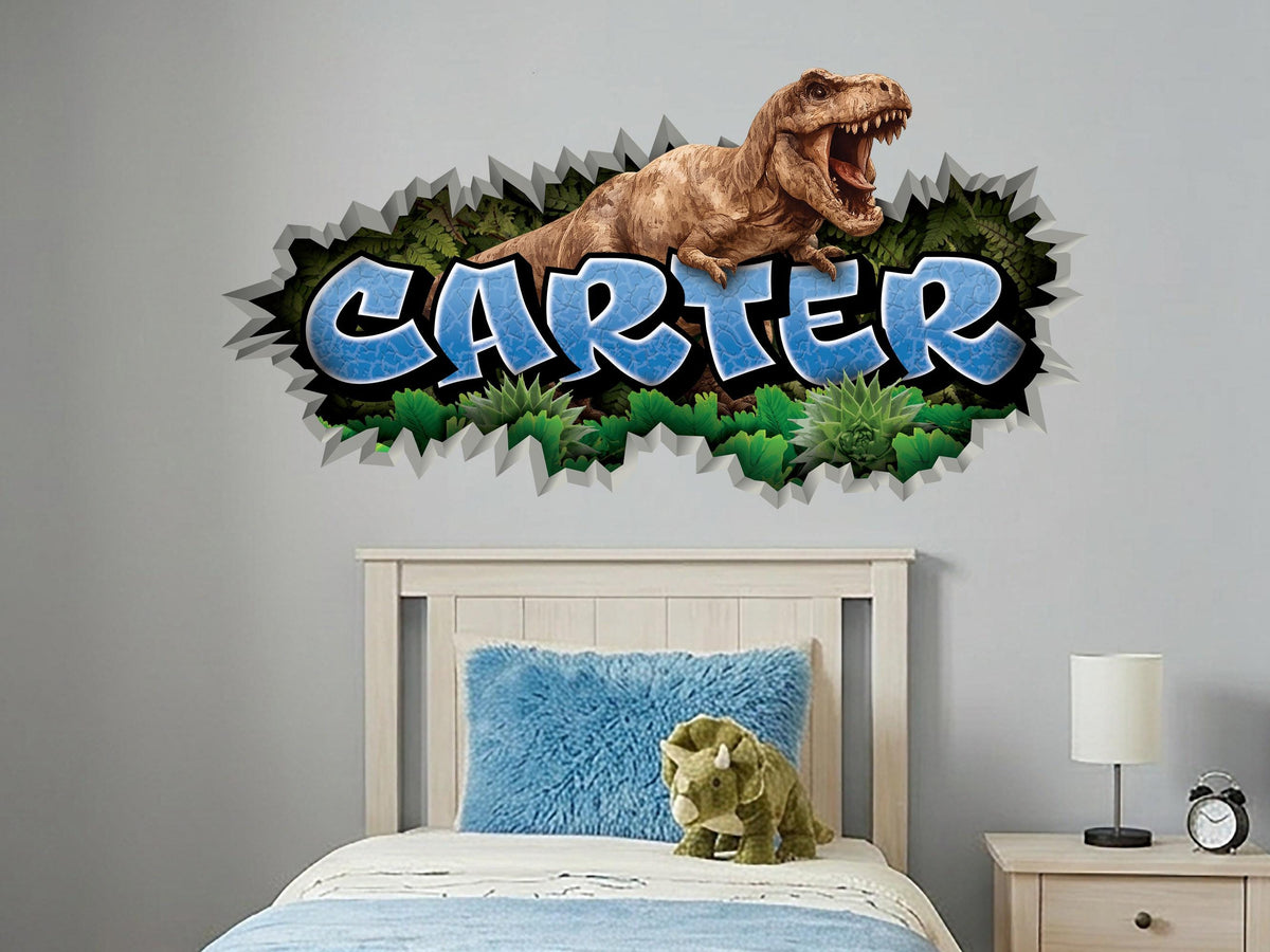 Personalized Dinosaur Name Wall Decal, Custom T-Rex Kids Room Decor, Dinosaur Name Sign, Jurassic Dino Wall Sticker for Boys Bedroom